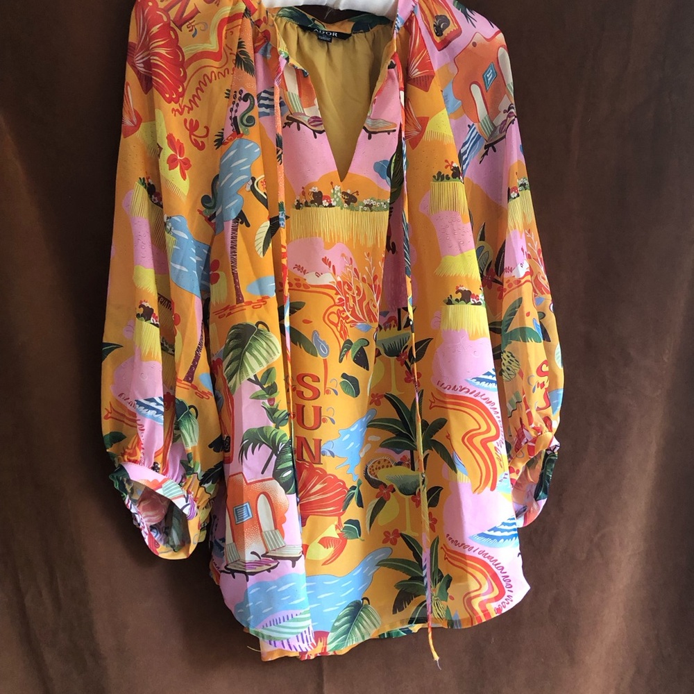Adore Tropical V-Neck Tunic Blouse - Yellow, Pink & Blue